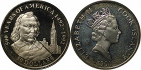 Weltmünzen und Medaillen, Cookinseln / Cook Islands. Serie 500 Jahre Amerika - Samuel de Camplain. 50 Dollars 1990, Silber. 0.93 OZ. KM 186. Polierte ...