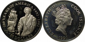 Weltmünzen und Medaillen, Cookinseln / Cook Islands. Jahre Amerika - Sir Walter Raleigh. 50 Dollars 1990, Silber. 0.93 OZ. KM 188. Polierte Platte