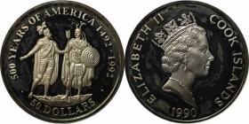 Weltmünzen und Medaillen, Cookinseln / Cook Islands. Serie 500 Jahre Amerika - Cortez und Montezuma. 50 Dollars 1990, Silber. 0.93OZ. KM 185. Polierte...