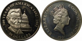 Weltmünzen und Medaillen, Cookinseln / Cook Islands. Serie 500 Years of America - Abraham Lincoln. 50 Dollars 1991, Silber. KM 48. 1.0 OZ. Polierte Pl...