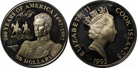 Weltmünzen und Medaillen, Cookinseln / Cook Islands. Serie 500 Jahre Amerika - Jose de San Martin. 50 Dollars 1993, Silber. 0.93 OZ. KM 248. Polierte ...