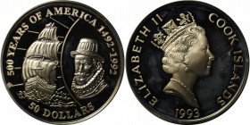 Weltmünzen und Medaillen, Cookinseln / Cook Islands. Serie 500 Jahre Amerika - John Hawkins. 50 Dollars 1993, Silber. KM 171. 0.93 OZ. Polierte Platte...