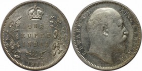 Weltmünzen und Medaillen, India. Britisch Indien Edward VII. (1901-1910). 1 Rupie 1910, Silber. KM 508. Stempelglanz. Berieben. Kratzer