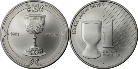 Weltmünzen und Medaillen, Israel. Judaic Kiddush Becher. 1 New Sheqel 1991, Silber. 0.43 OZ. KM 223. Stempelglanz