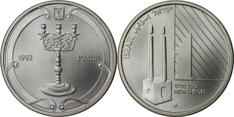 Weltmünzen und Medaillen, Israel. Judaic Sabbath Leuchter. 1 New Sheqel 1992, Si...