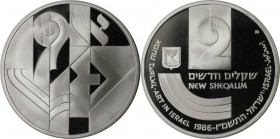 Weltmünzen und Medaillen, Israel. 38. Jahrestag - Kunst in Israel. 2 New Sheqalim 1986, Silber. 0.79 OZ. KM 165. Polierte Platte