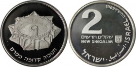 Weltmünzen und Medaillen, Israel. Chanukka - Persischer Leuchter. 2 New Sheqalim 1989, Silber. 0.79 OZ. KM 206. Polierte Platte