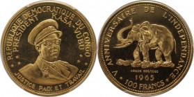 Weltmünzen und Medaillen, Kongo / Congo. 5. Jahrestag der Unabhängigkeit. Präsident Kasa-Vubu. 100 Francs 1965, Gold. KM 6. PCGS PR66 CAM