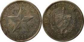 Weltmünzen und Medaillen, Kuba / Cuba. Erste Republik (1902-1962). 1 Peso 1933, Silber. 0.77 OZ. KM 15.2. Stempelglanz. Berieben. Kratzer. Flecken