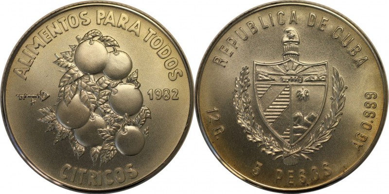 Weltmünzen und Medaillen, Kuba / Cuba. 5 Pesos 1982, Silber. 0.39 OZ. Stempelgla...
