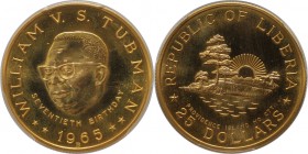 Weltmünzen und Medaillen, Liberia. 70. Geburtstag des Präsidenten William V. S. Tubman. 25 Dollars 1965 B, Gold. KM 21. PCGS MS66
