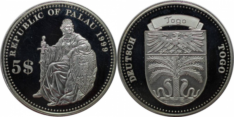 Weltmünzen und Medaillen, Palau. 5 Dollar, Silber. 0.74 OZ. KM 24. Polierte Plat...