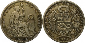 Weltmünzen und Medaillen, Peru. 1 Sol 1924, Silber. 0.40 OZ. Vorzüglich