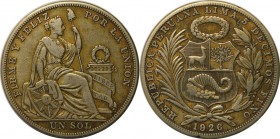 Weltmünzen und Medaillen, Peru. 1 Sol 1926, Silber. 0.40 OZ. Sehr Schön-Vorzüglich