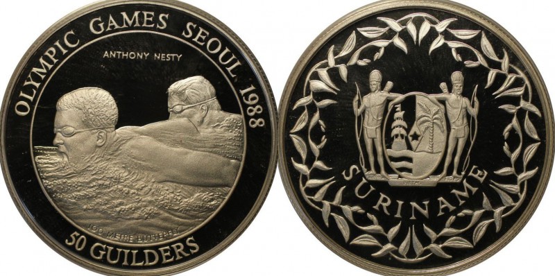 Weltmünzen und Medaillen, Suriname. 50 Guilders 1988, Silber. 0.84 OZ. Polierte ...