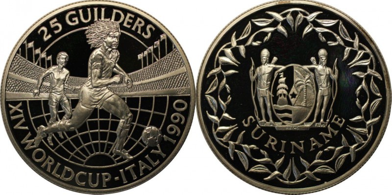 Weltmünzen und Medaillen, Suriname. 25 Guilders 1990, Silber. 0.84 OZ. Polierte ...