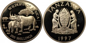 Weltmünzen und Medaillen, Tansania / Tanzania. Spitzmaulnashorn 200 Shilingi 1997, Silber. 0.32 OZ. KM 41. Polierte Platte