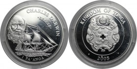 Weltmünzen und Medaillen, Tonga. CHARLES DARWIN. 1 Pa'anga 2005, Silber. 0.84 OZ. KM 218. Polierte Platte, in Münzkapsel