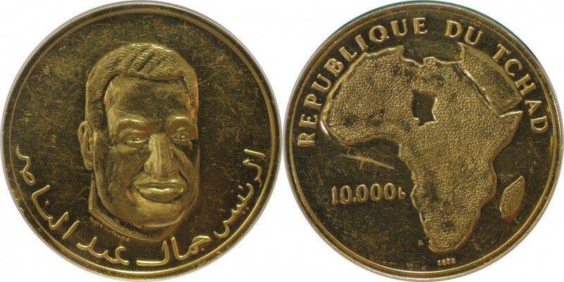 Weltmünzen und Medaillen, Tschad / Chad. Präsident Nasser. 10000 Francs 1970, Go...