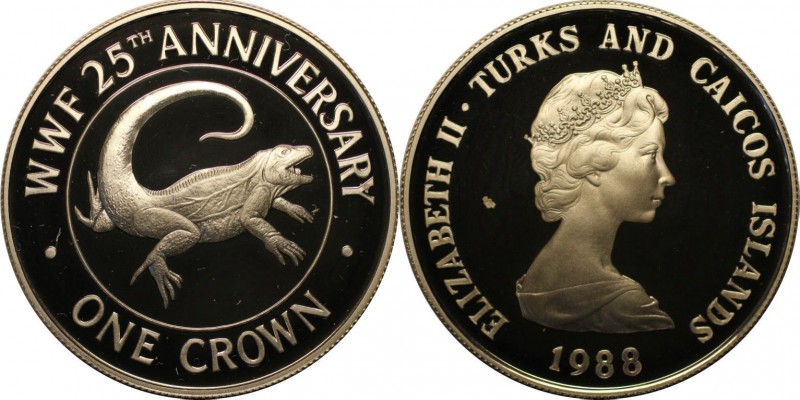 Weltmünzen und Medaillen, Turks Caicos. 1 Crown 1988, Silber. 0.84 OZ. Polierte ...