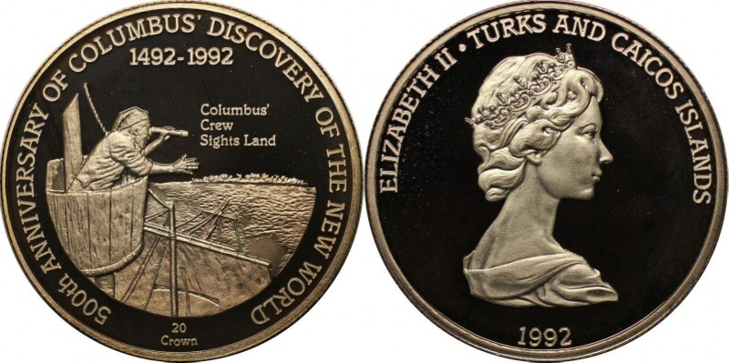 Weltmünzen und Medaillen, Turks Caicos. 20 Crowns 1992, Silber. 0.83 OZ. Poliert...