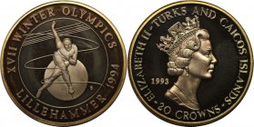 Weltmünzen und Medaillen, Turks Caicos. 20 Crowns 1993, Silber. 0.99 OZ Polierte Platte