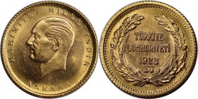Weltmünzen und Medaillen, Türkei / Turkey. 50 Kurush 1923 / 54, Gold. 1.06 OZ. 3.61 g. KM 853. Stempelglanz