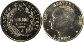 Weltmünzen und Medaillen, Türkei / Turkey. 60. Todestag von Mustafa Kemal Atatürk. 500000 Lira 1998, Kupfer-Nickel. KM 1138. Vorzüglich-stempelglanz...
