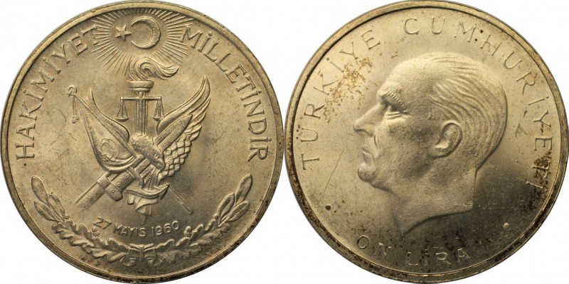 Weltmünzen und Medaillen, Türkei / Turkey. 10 Lira 1960, Silber. 0.4 OZ. Stempel...