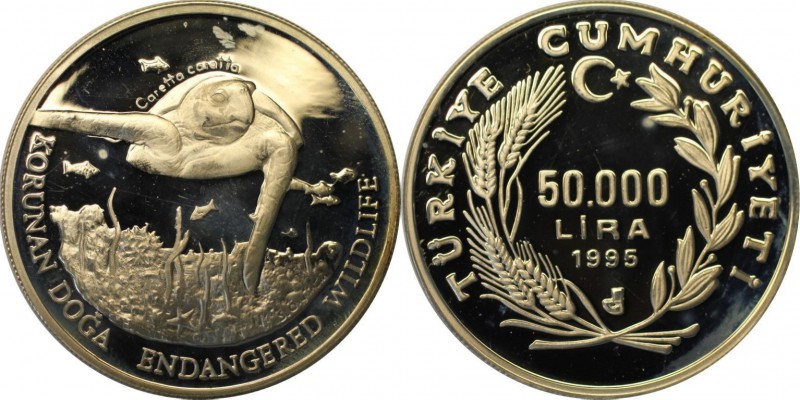 Weltmünzen und Medaillen, Türkei / Turkey. 50000 Lira 1995, Silber. 0.69 OZ. Pol...