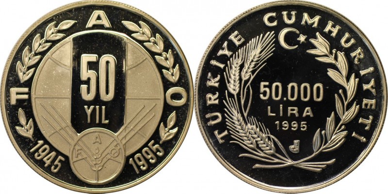 Weltmünzen und Medaillen, Türkei / Turkey. 50000 Lira 1995, Silber. 0.69 OZ. Pol...
