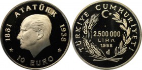 Weltmünzen und Medaillen, Türkei / Turkey. 2500000 Lira 1998, Silber. 0.93 OZ. Polierte Platte