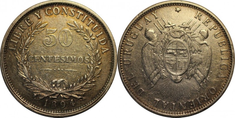 Weltmünzen und Medaillen, Uruguay. 50 Centesimos 1894, Silber. 0.36 OZ. KM 16. V...