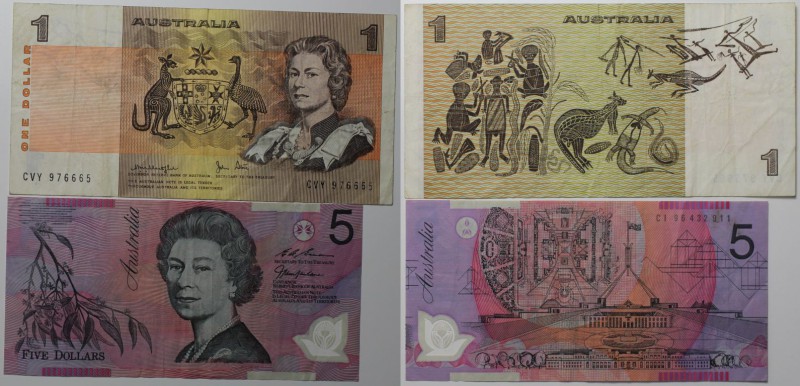 Banknoten, Australien / Australia. 1 Dollar 1983, P.042d, 5 Dollars 1996, P.051a...