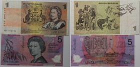 Banknoten, Australien / Australia. 1 Dollar 1983, P.042d, 5 Dollars 1996, P.051a. 2 Stück. II