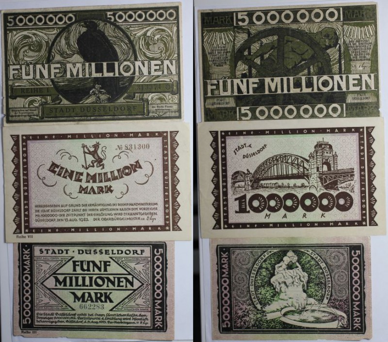 Banknoten, Deutschland / Germany. Notgeld Düsseldorf. 1 Million Mark, 2 x 5 Mill...