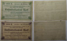 Banknoten, Deutschland / Germany. Notgeld Stollberg, Inflation. 100 000 Mark, 500 000 Mark 1923. 2 Stück. Keller: 4892. II