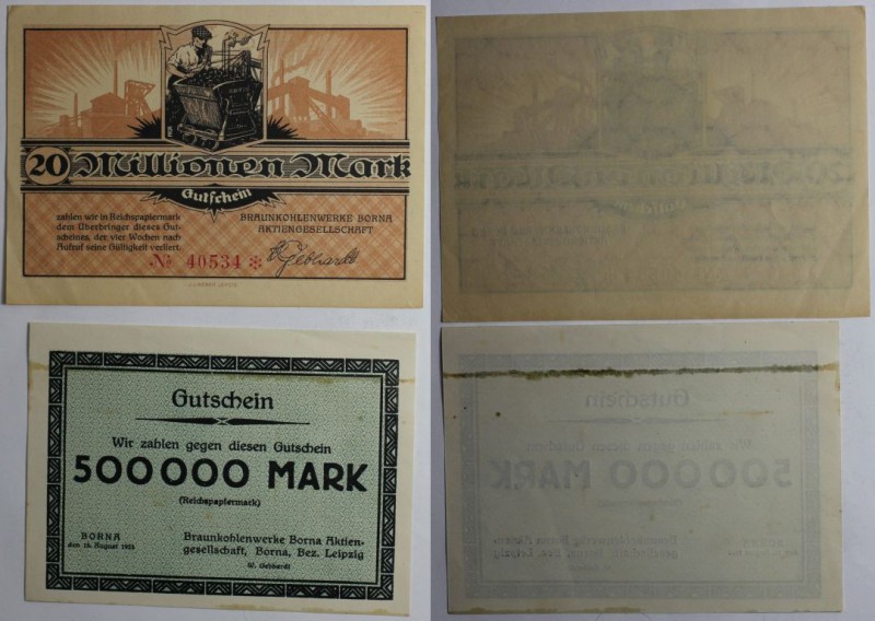 Banknoten, Deutschland / Germany. Notgeld Braunkohlewerke Borna(Sachsen), Inflat...