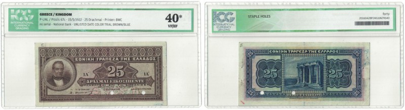 Banknoten, Griechenland / Greece. 25 Drachmai 15 May 1922, Color Trial, Black-Br...