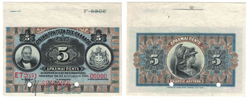 Banknoten, Griechenland / Greece. 5 Drachmai 24.12.1916. "SPECIMEN" Pick: 54. UN...