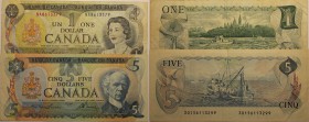 Banknoten, Kanada / Canada. 1 Dollar, 5 Dollars 1973, 1979. Pick:085c, 92a. III