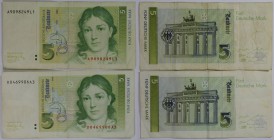 Banknoten, Lots und Samllungen Deutschland / Germany. BRD. Schein / Geldschein / Banknote 1. August 1991 Bettina von Arnim. Lot 2 x 5 Mark Banknoten 1...
