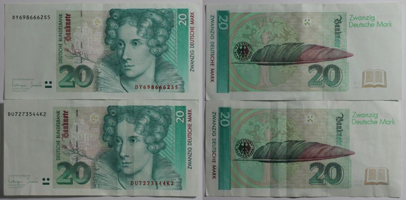 Banknoten, Lots und Samllungen Banknoten. Lot 2 x 20 Mark Banknoten 1993. I-II