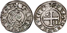 Sancho IV (1284-1295). Murcia. Meaja coronada. (M.M. S4:6.36) (Imperatrix S4:6.36, mismo ejemplar) (AB. 312.1, como seisén). Letra M unida en el centr...