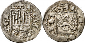 Alfonso XI (1312-1350). Coruña. Novén. (M.M. A11:1.39) (Imperatrix A11:1.40, mismo ejemplar) (AB. 356). La N de LEGIONIS con dos travesaños. 0,75 g. M...