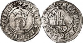 Pedro I (1350-1369). Sevilla. Medio real. (Imperatrix P1:13.24, mismo ejemplar) (AB. 384.1). Roeles en los ángulos. Muy rara con el nombre del rey en ...
