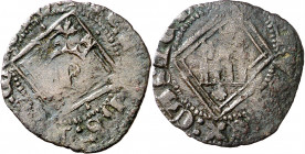 Pedro I (1350-1369). Coruña. Dinero de losange. (Imperatrix P1:14.8, mismo ejemplar) (AB. 392 var). Oxidación limpiada. Muy rara. 0,86 g. BC.