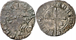 Enrique II (1369-1379). Atienza. Cruzado. (Imperatrix E2:11.9, mismo ejemplar) (AB. 464.1 var). Rara. 1,17 g. BC+.
