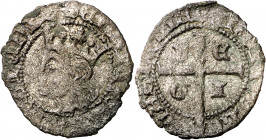 Enrique II (1369-1379). León. Cruzado. (Imperatrix E2:11.43, mismo ejemplar) (AB. 470 var). Leyendas parcialmente legibles. Rara. 1,04 g. BC+/MBC-.