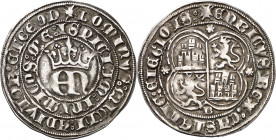 Enrique II (1369-1379). Burgos. Real. (Imperatrix E2:22.13, mismo ejemplar) (AB. 401 var). La E de LEGIOIS rectificada sobre una G. Rara leyenda del r...